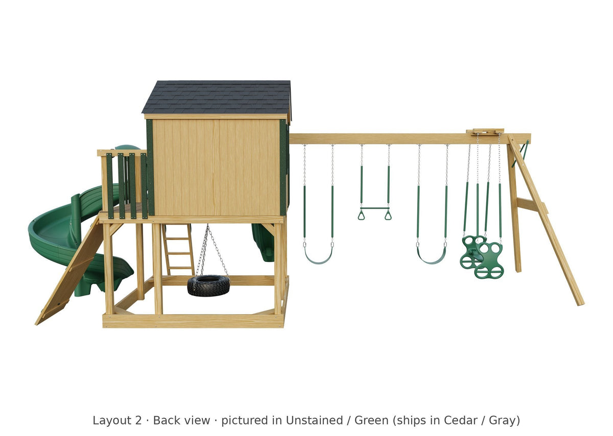 Amish Expedition Wooden Swing Set & Playset Kit – Layout 2, back view (shown in Unstained with Green accents)