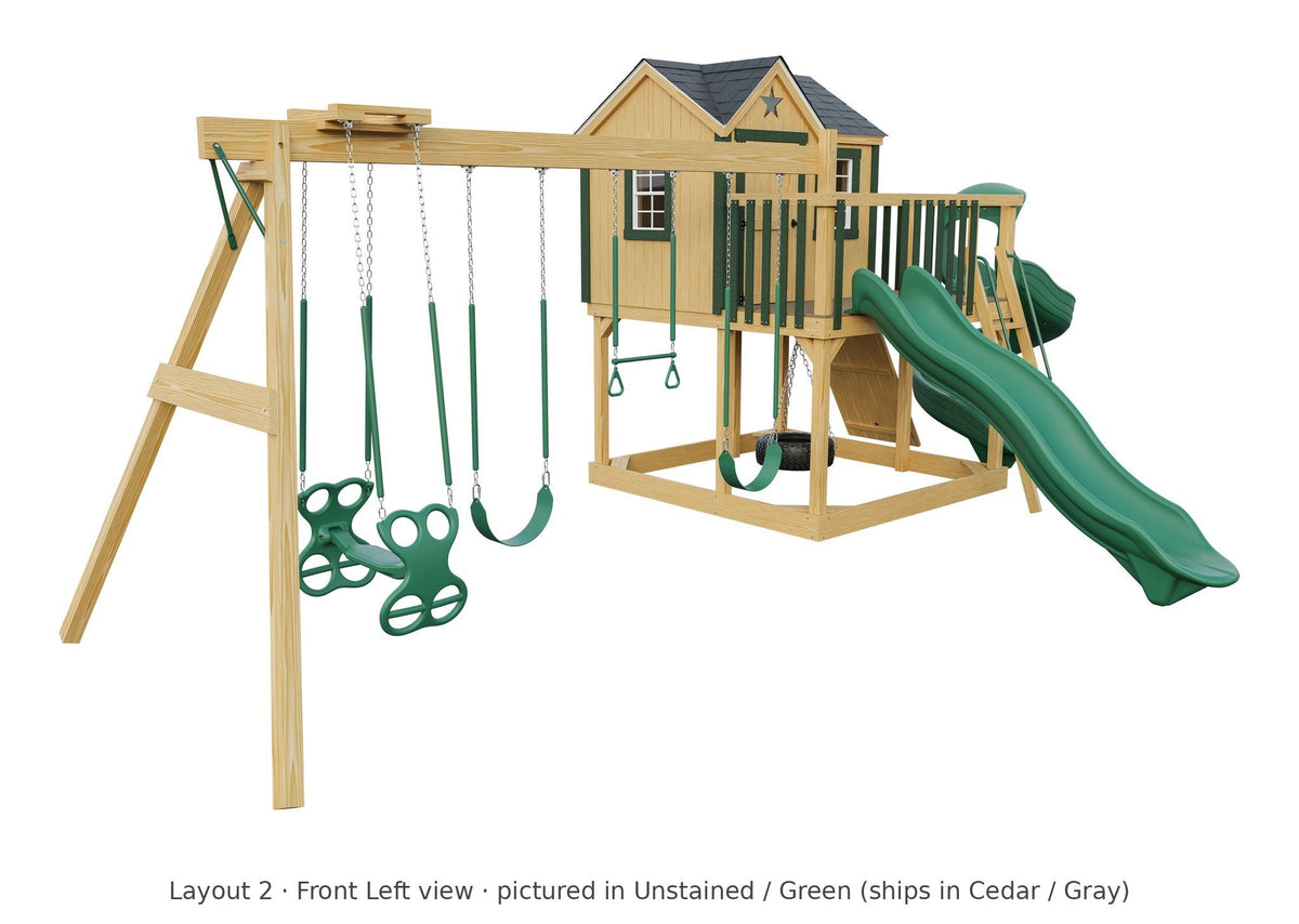 Amish Expedition Wooden Swing Set & Playset Kit – Layout 2, front left view (shown in Unstained with Green accents)