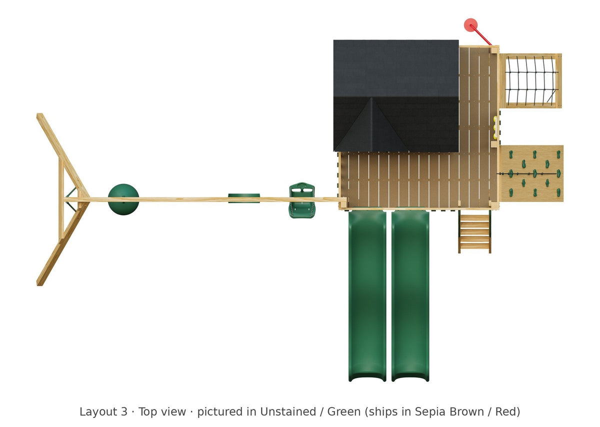 Amish Expedition Wooden Swing Set & Playset Kit – Layout 3, top view (shown in Unstained with Green accents)