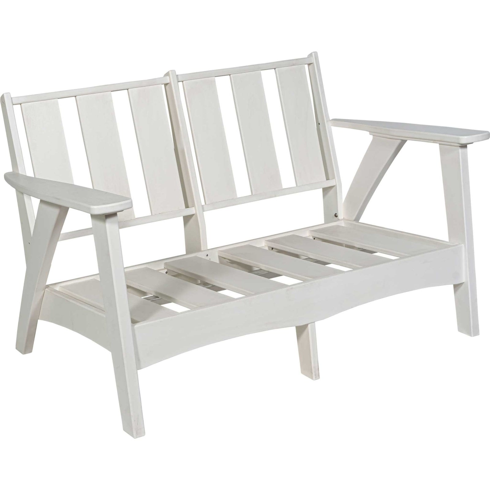 White framed poly outdoor loveseat with navy blue box cushions for two