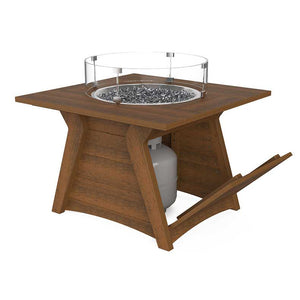 Brown poly square fire pit table with glass wind guard, fire glass and hidden propane tank storage