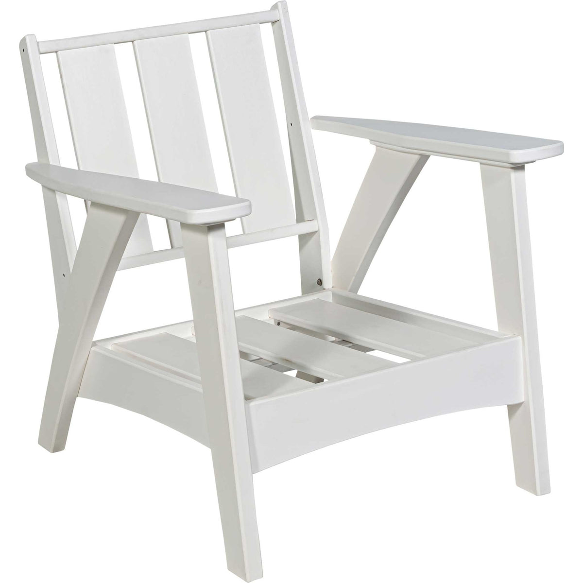 White poly outdoor chair frame with slat back and open seat deck ready for cushions