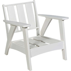 White poly outdoor chair frame with slat back and open seat deck ready for cushions