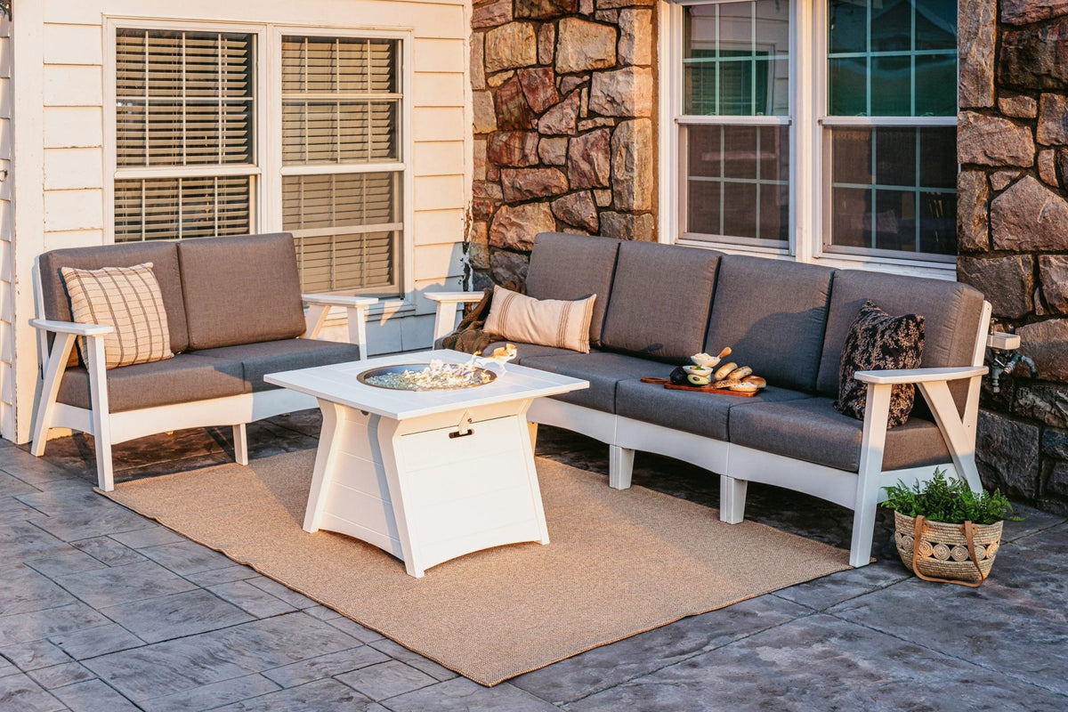 Fernandina poly cushion sectional sofa with fire table, white with gray cushions, wide view