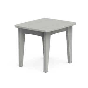Gray poly outdoor end table with slatted top and tapered legs on a white background