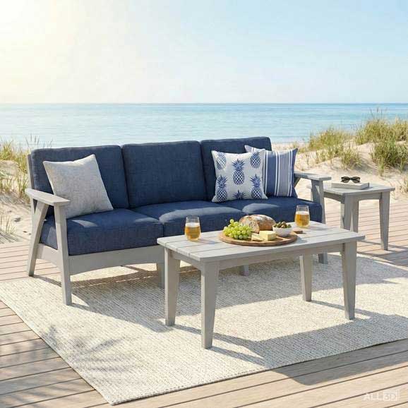 Gray poly outdoor sofa with navy cushions, coffee table and end table styled on a beachfront deck