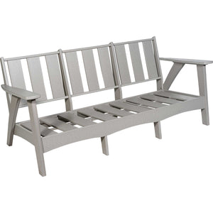 Gray poly outdoor sofa frame without cushions showing three slat backs and slatted seat deck