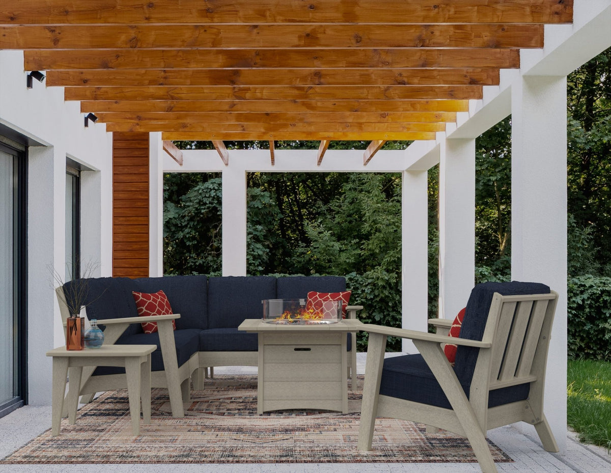 Fernandina poly outdoor fire table with sectional, birchwood, pergola patio - lifestyle (other pieces sold separately)