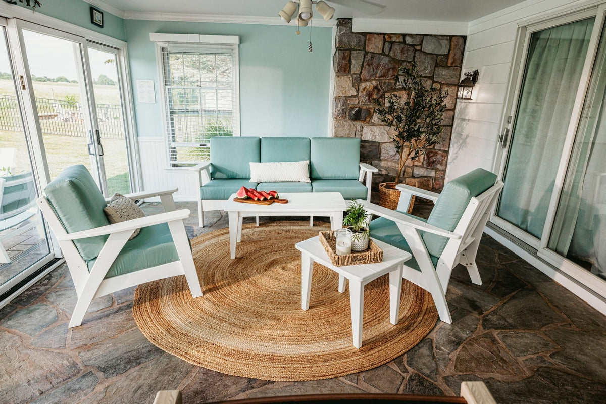 Fernandina poly outdoor fire table, white, with sectional sofa - lifestyle (other pieces sold separately)