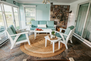 Fernandina poly outdoor fire table, white, with sectional sofa - lifestyle (other pieces sold separately)
