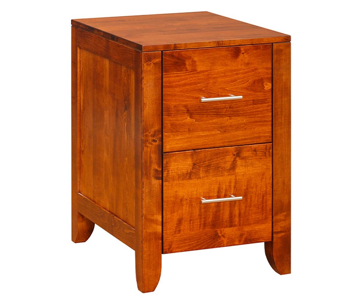 Two drawer file cabinet in warm cherry with brushed nickel bar pulls, paneled sides and flared feet on a white background