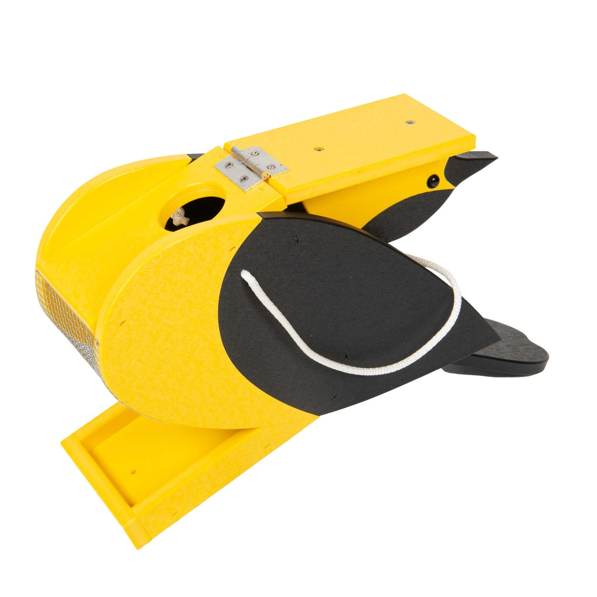 Angled view of the yellow goldfinch feeder showing hinged lid, seed fill hole and black wing