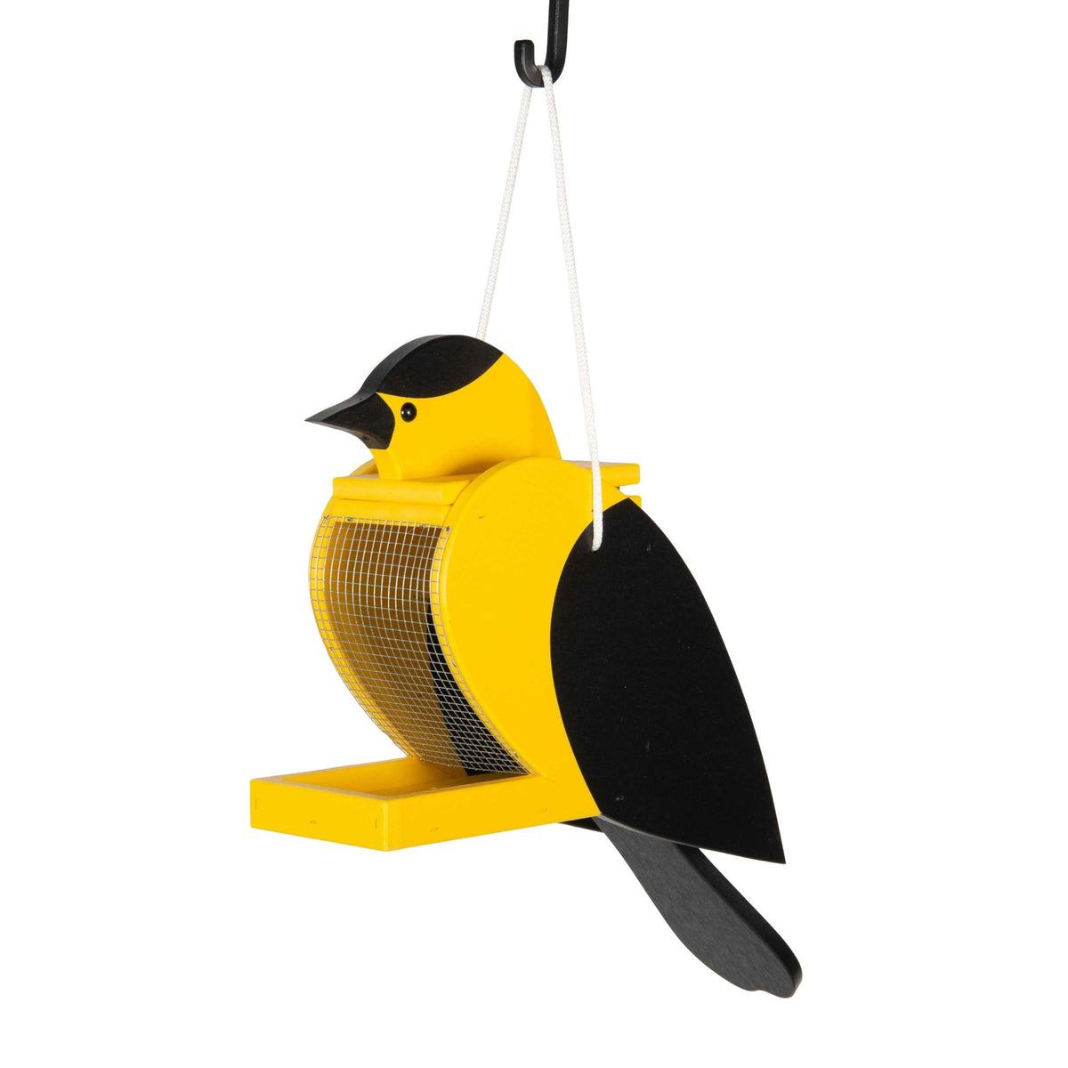 Goldfinch shaped feeder in yellow and black poly with mesh seed window, tray and rope hanger