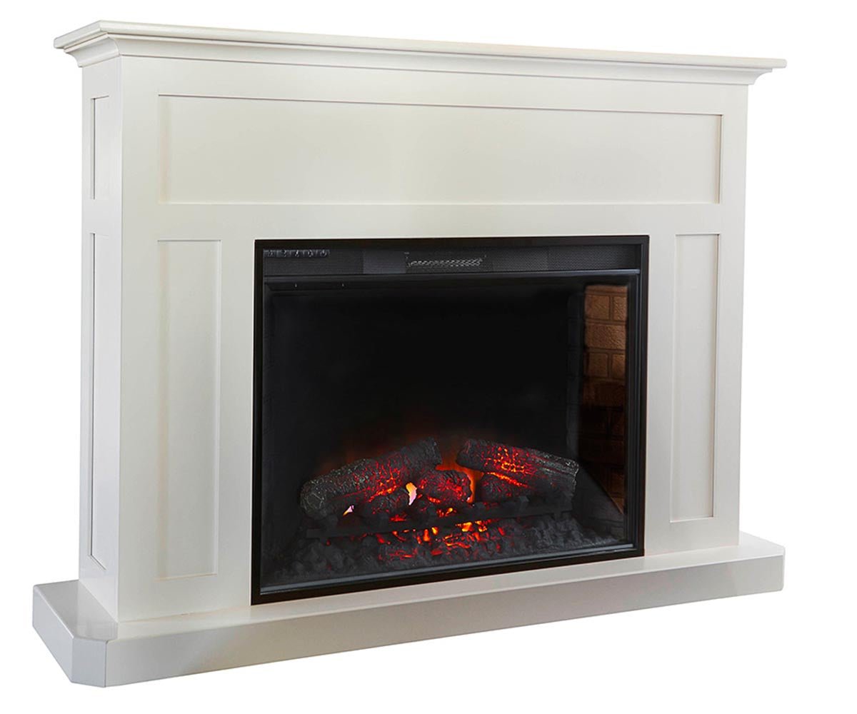 White electric fireplace with glowing logs on a white background