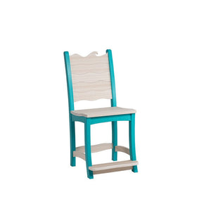 Turquoise and white poly counter height chair with a wave carved back panel and built-in footrest