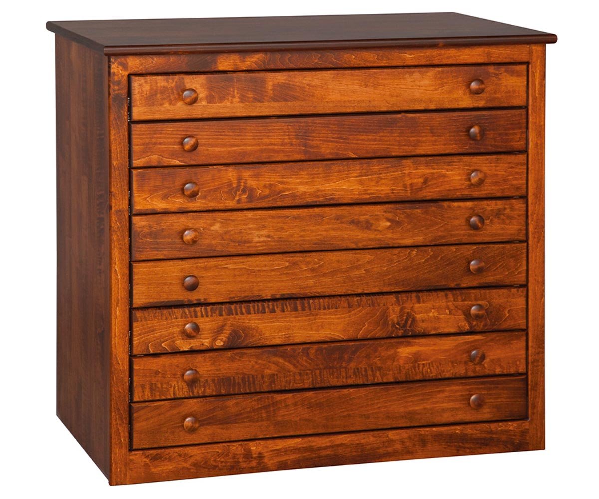 Eight drawer flat file cabinet in warm brown maple with small round wood knobs, shown on a white background