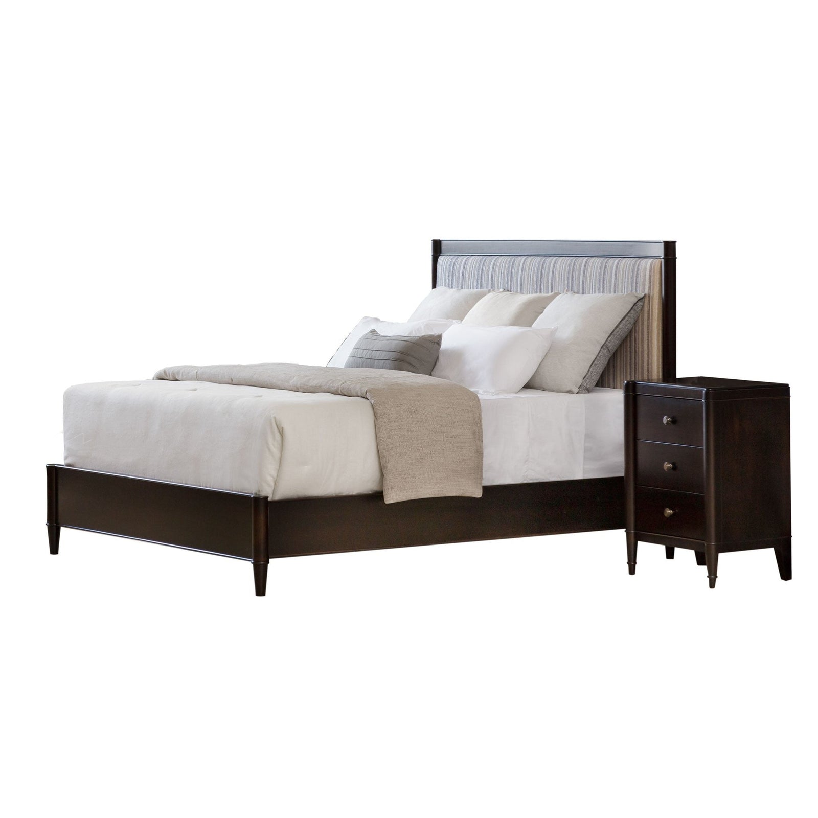 Upholstered bed with a striped fabric headboard in an espresso frame, flanked by a chest and nightstand