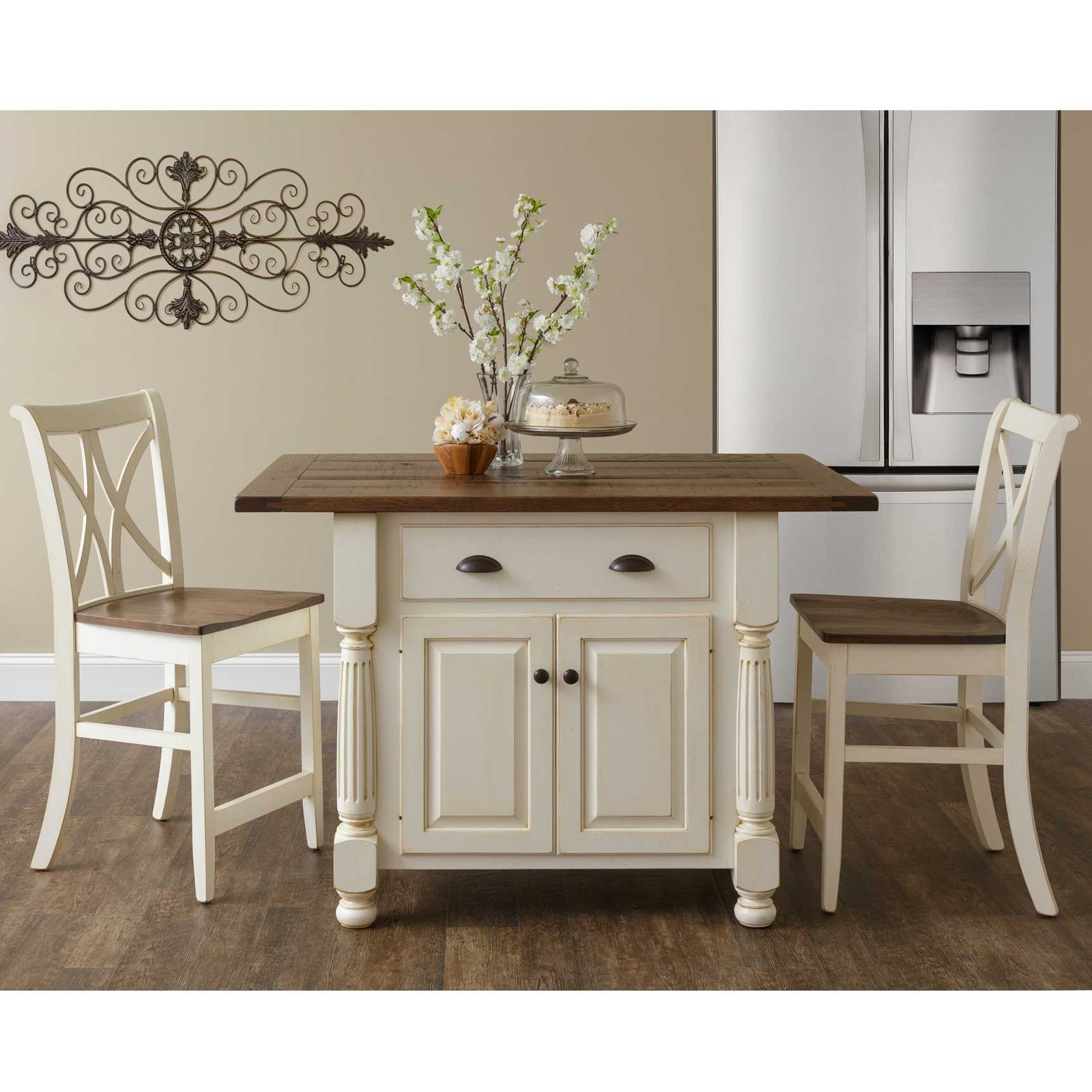 Amish French Country Small Kitchen Island with 2 Bar Chairs - snyders.furniture