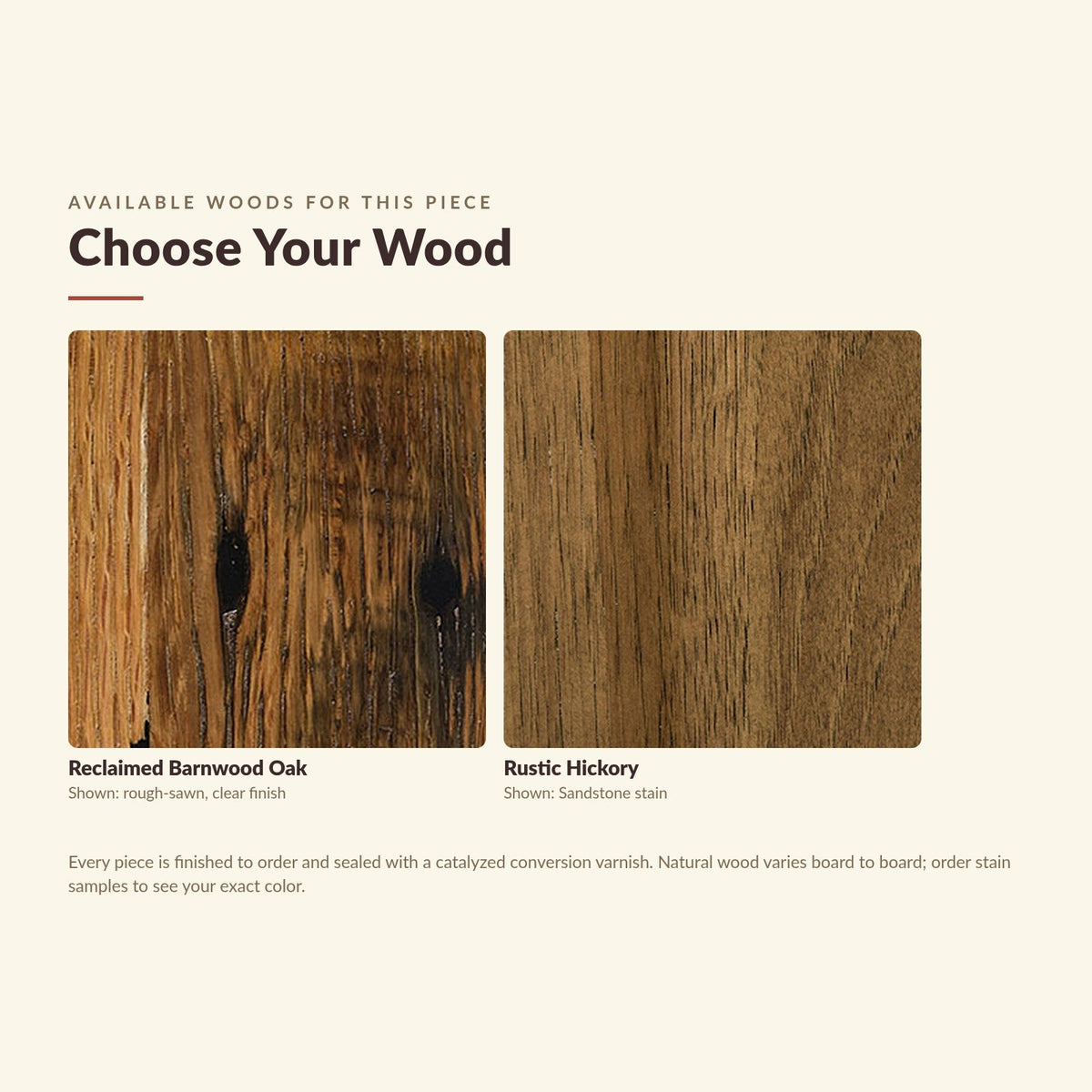 Available wood species close-up: reclaimed barnwood oak, rustic hickory