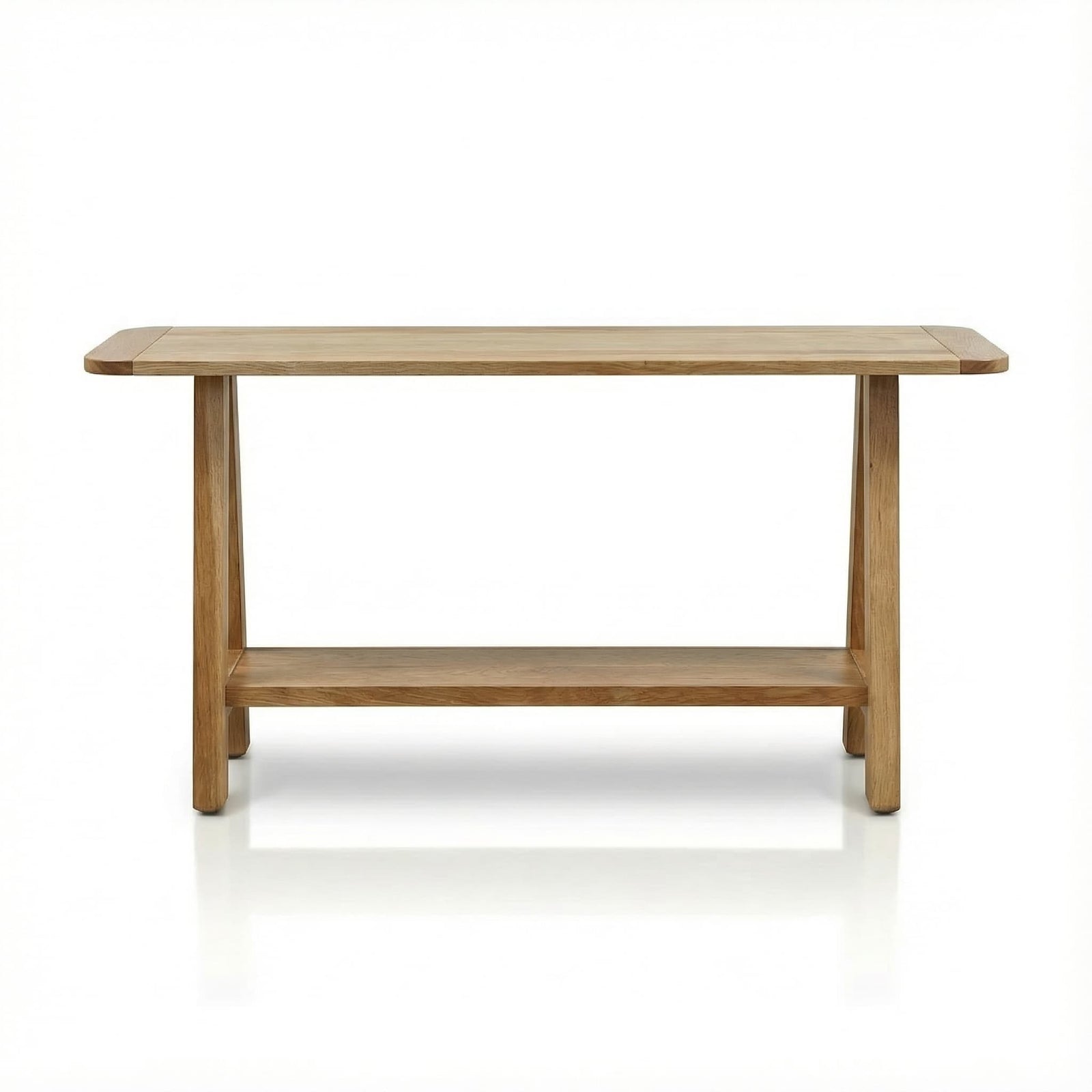 Natural oak console table with a lower shelf holding a woven basket, styled with vases beneath a round gold mirror