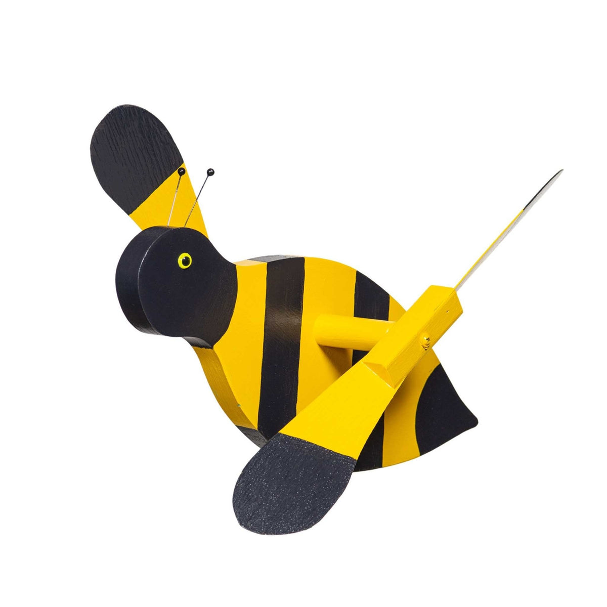 Black and yellow striped wooden bumblebee whirlybird wind spinner with wire antennae and paddle wings