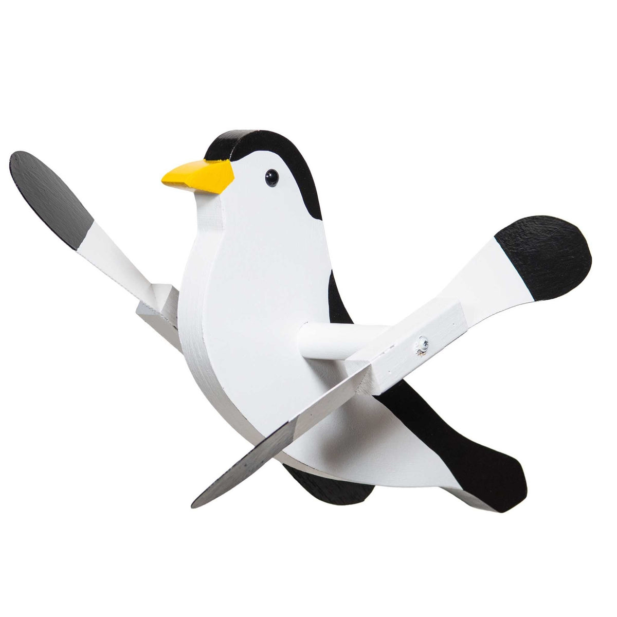 White and black wooden chickadee whirlybird wind spinner with yellow beak, black cap and paddle wing blades