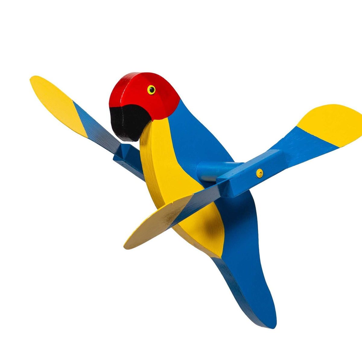Blue, yellow and red wooden macaw whirlybird wind spinner with black beak and two-tone paddle blades