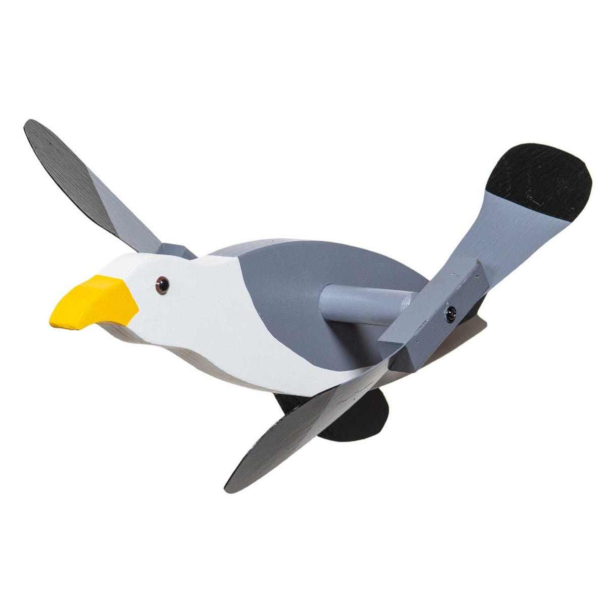 Gray and white wooden seagull whirlybird wind spinner with yellow bill and black tipped paddle blades