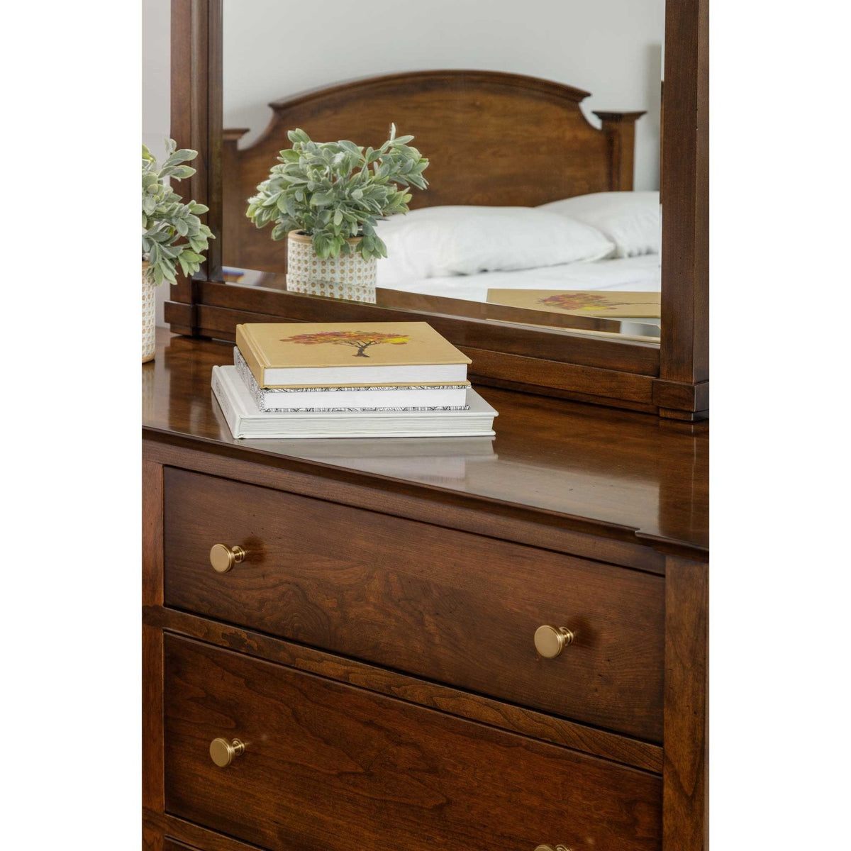 Cherry dresser top with stacked books and a plant, mirror reflecting an arched headboard bed behind
