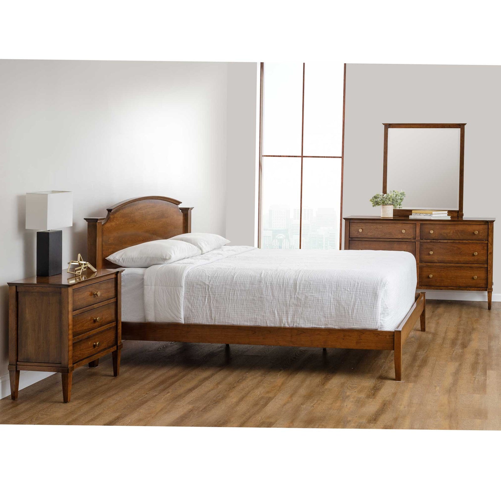 Cherry bedroom set with an arched panel headboard bed, three drawer nightstand and mirrored six drawer dresser