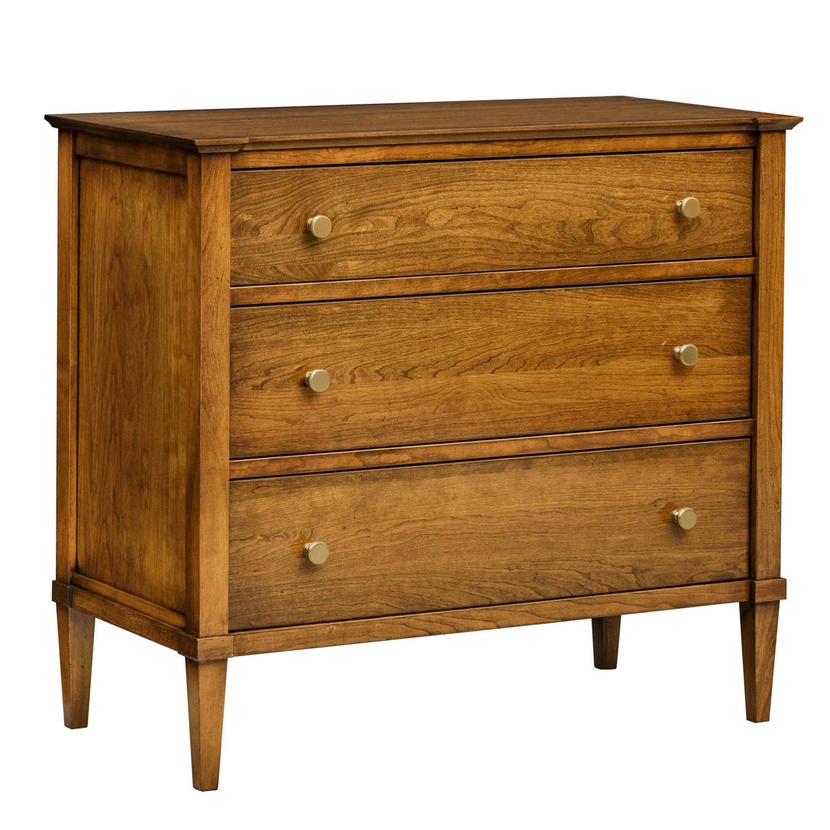 Cherry three drawer single dresser with round brass knobs, molded top edge and square tapered legs