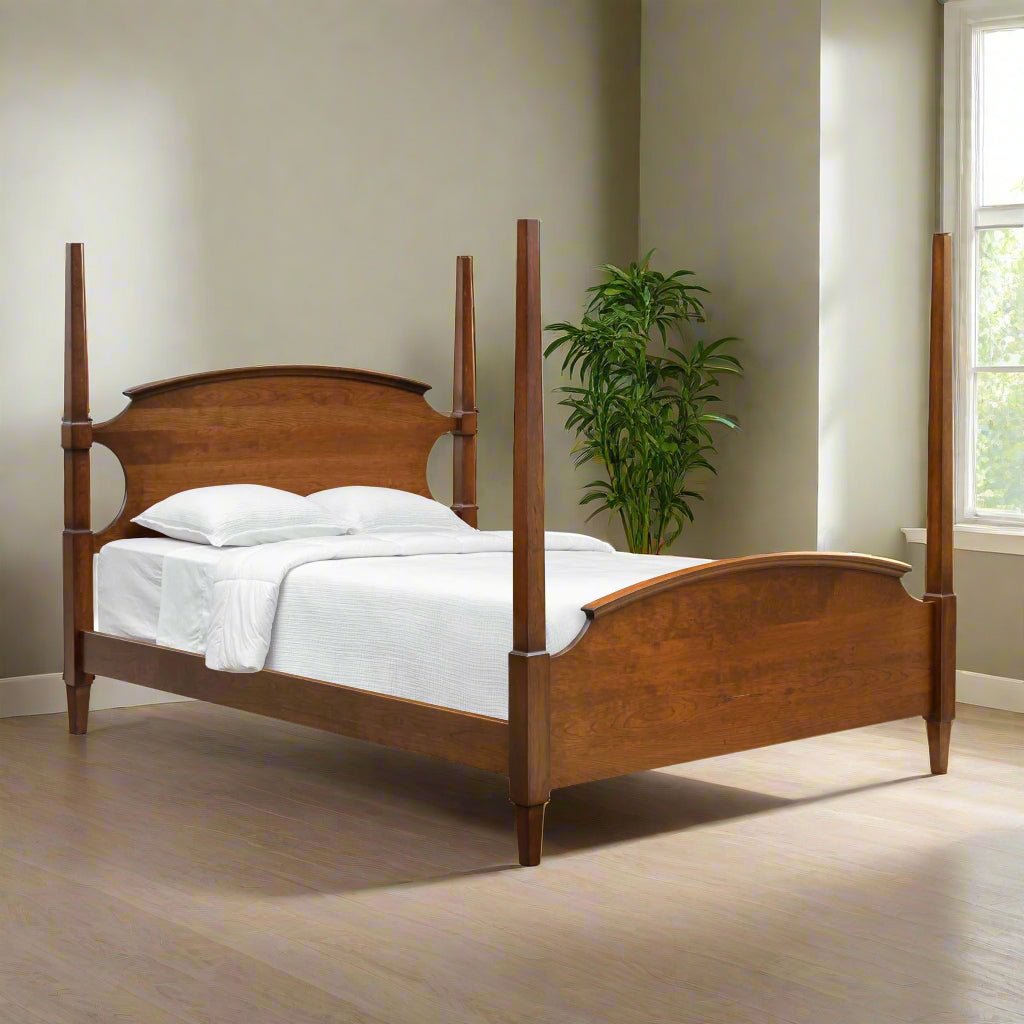Wooden bed with white bedding on a white background