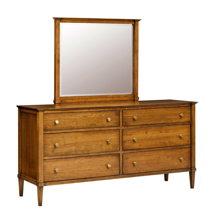 Cherry 70 inch triple dresser with six drawers, brass knobs, tapered legs and a wide framed mirror