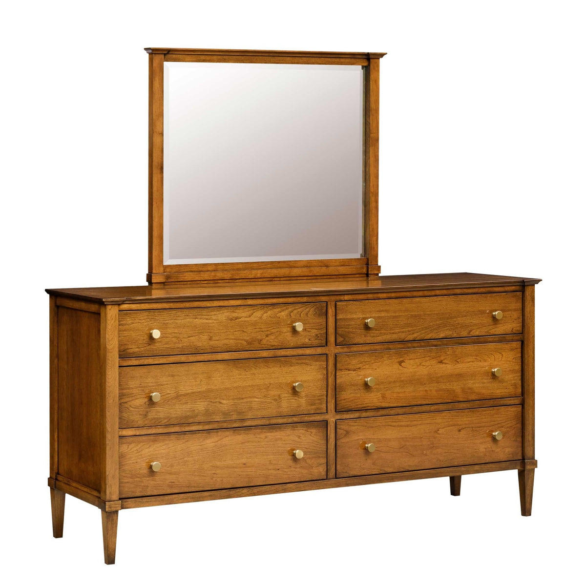 Cherry 70 inch triple dresser with six drawers, brass knobs, tapered legs and a wide framed mirror