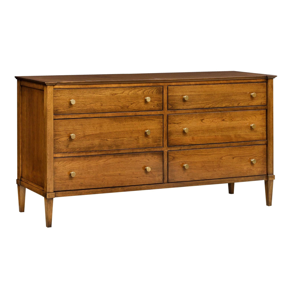 Cherry 70 inch triple dresser with six drawers, round brass knobs and square tapered legs on white