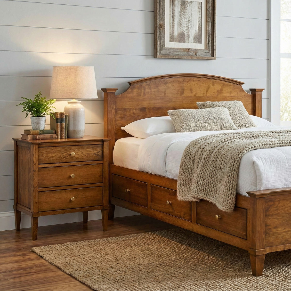 Cherry storage platform bed with arched headboard and three footboard drawers, styled with a matching three-drawer nightstand and brass knobs