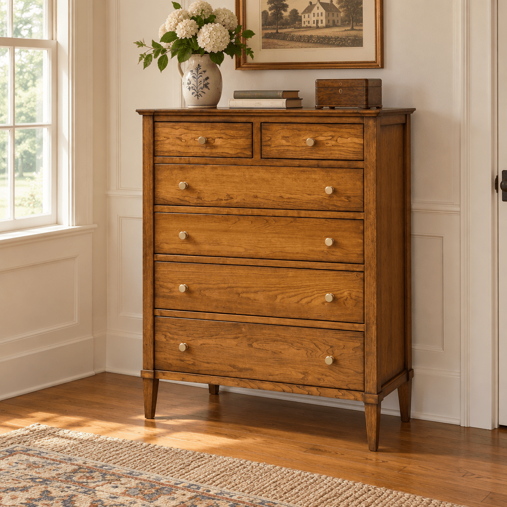 Amish Geneva Solid Wood Chest of Drawers shown in the bedroom of a traditional colonial home
