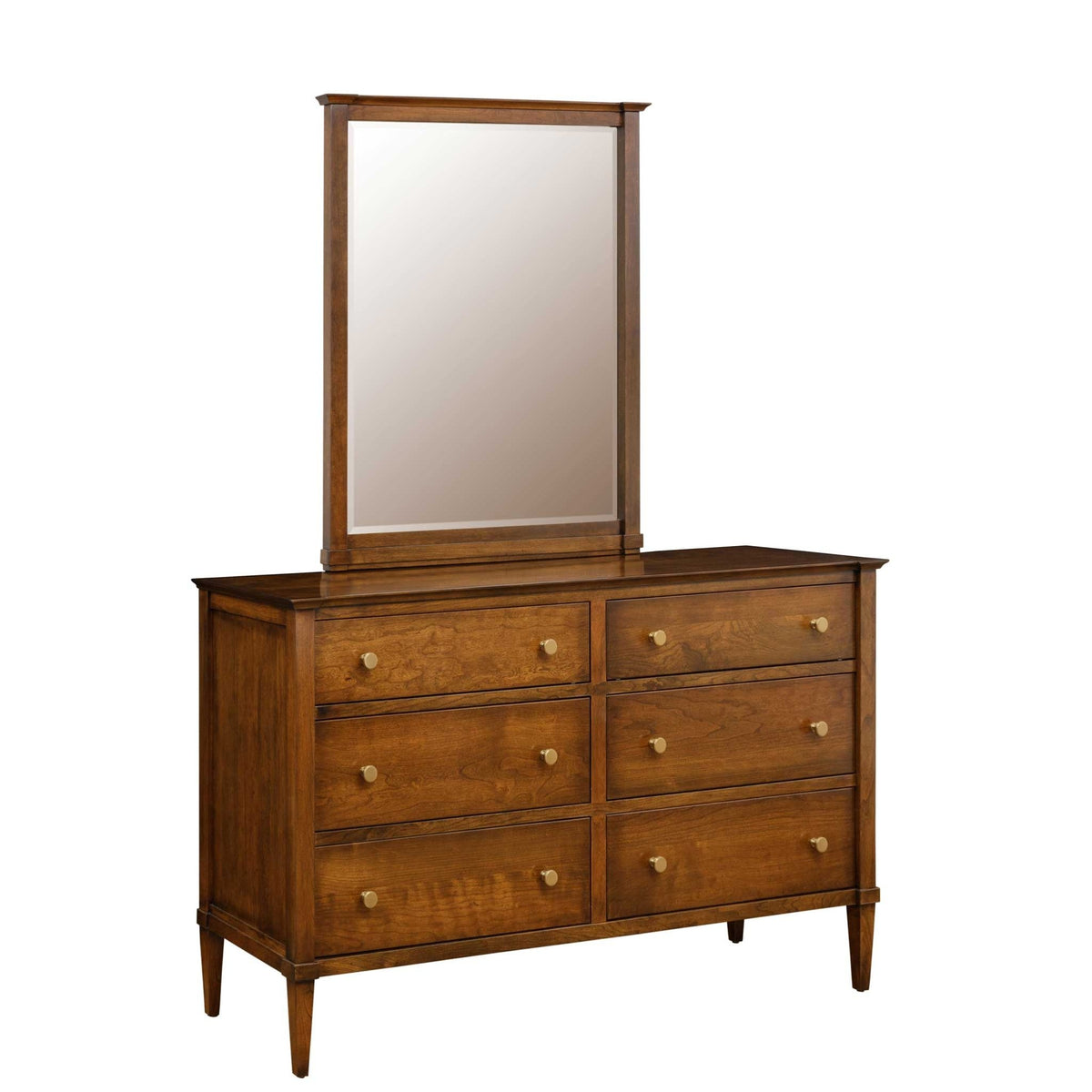 Six-drawer cherry double dresser with a rectangular framed mirror, brass knobs and tapered legs on a white background