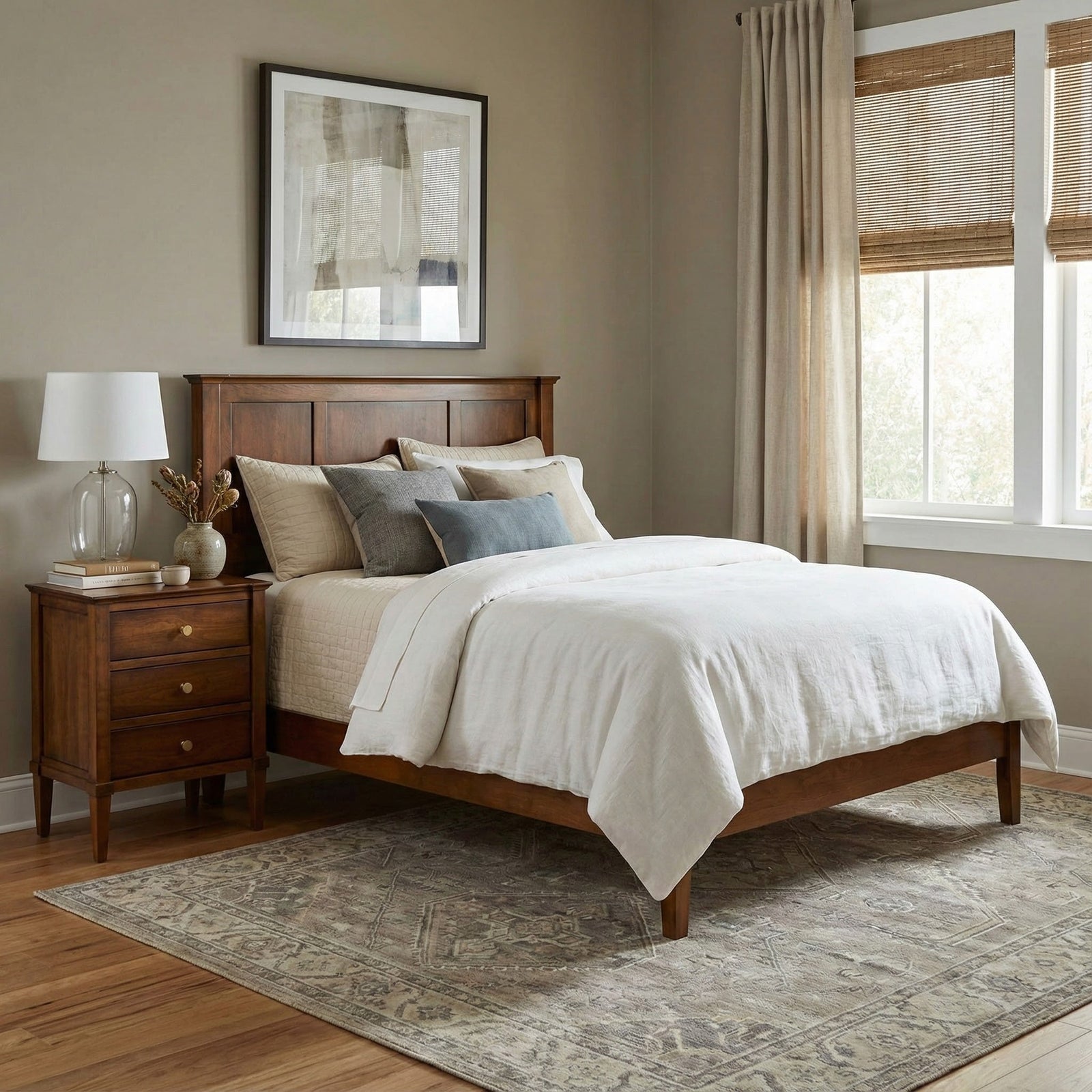 Bedroom with wooden bed, nightstand, and lamp in a home setting