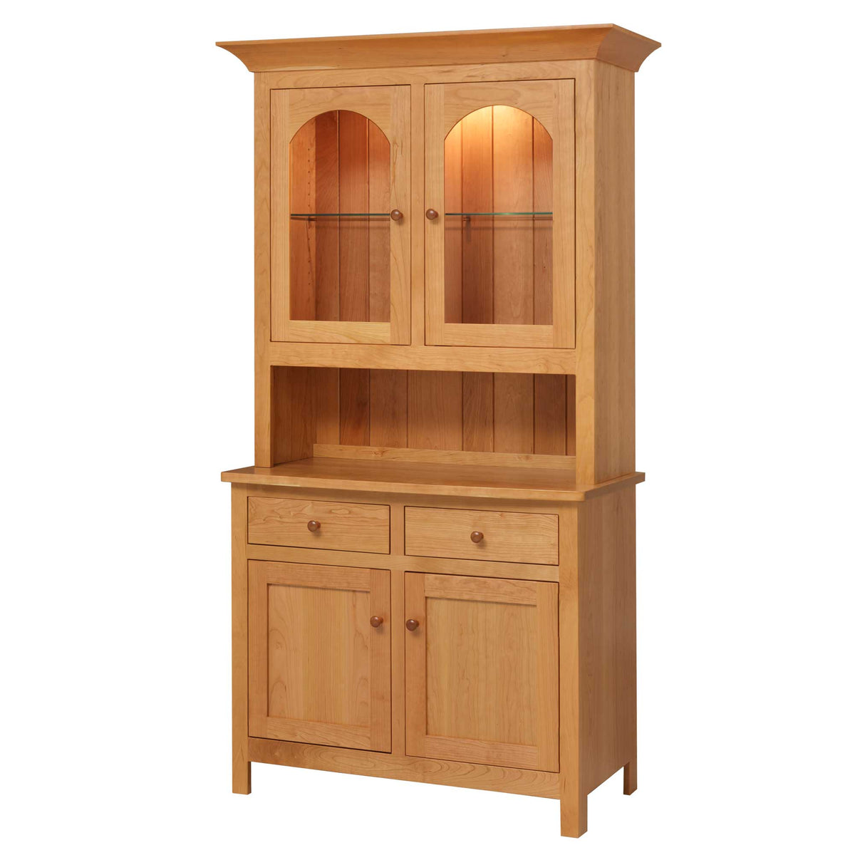 Natural cherry two-door dining hutch with lighted arched glass doors, glass shelf, open server and drawers