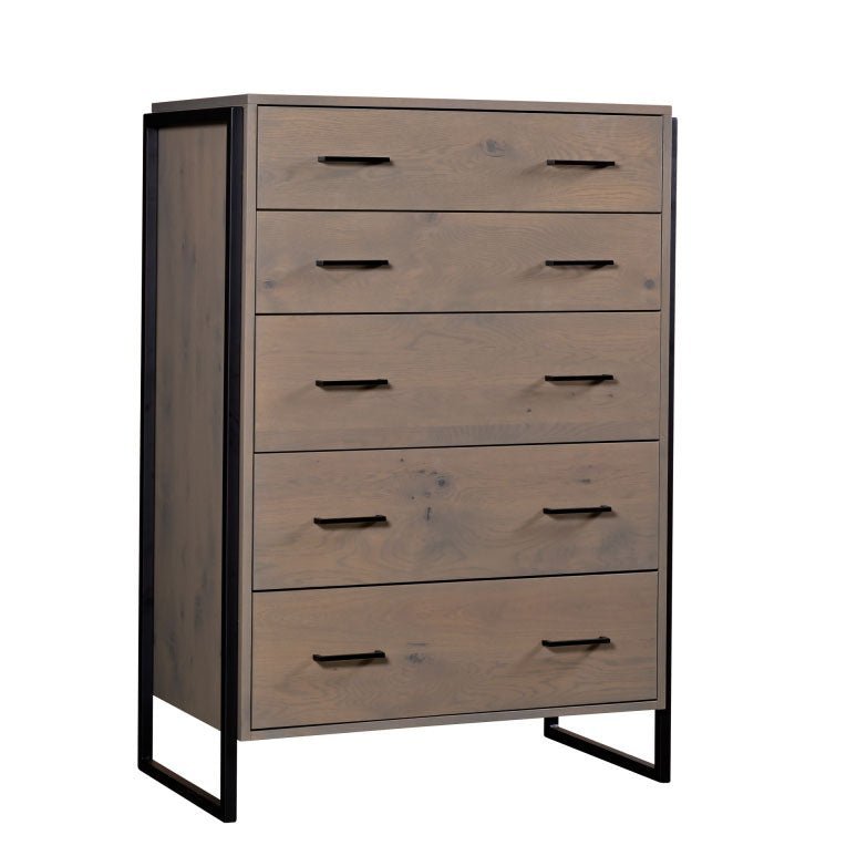 Modern bedroom with a two tone plank headboard bed, matching one drawer nightstand and tall chest with black metal frames