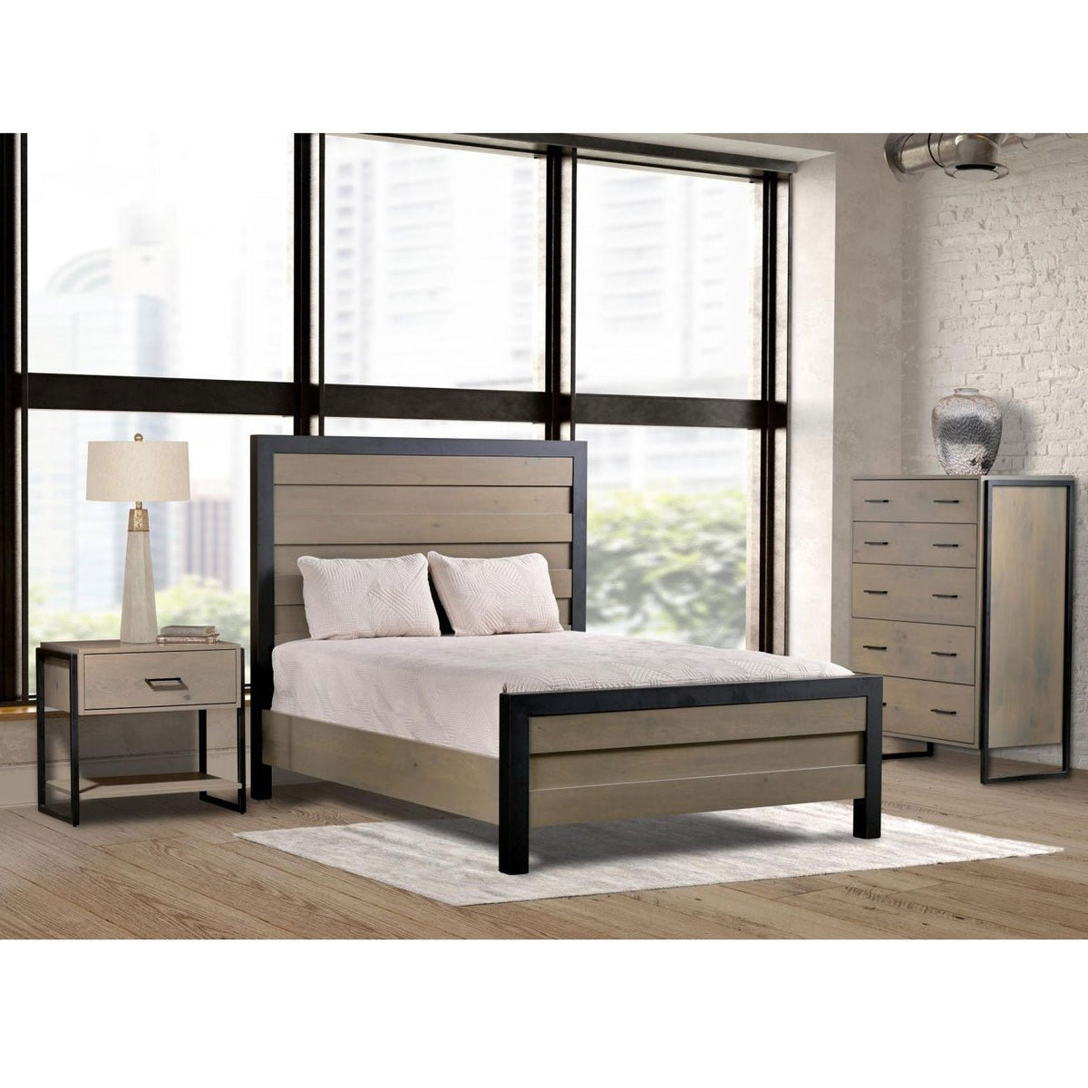 Modern bedroom with a two tone plank headboard bed, matching one drawer nightstand and tall chest with black metal frames