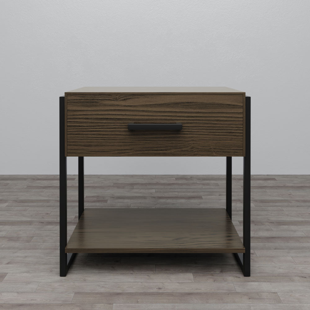 One drawer nightstand in brown oak with a black metal frame, lower display shelf and black bar pull, front view