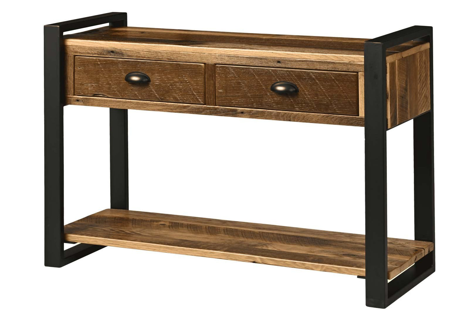 Reclaimed wood console table with two drawers, oil-rubbed cup pulls, a lower shelf and black steel side frames