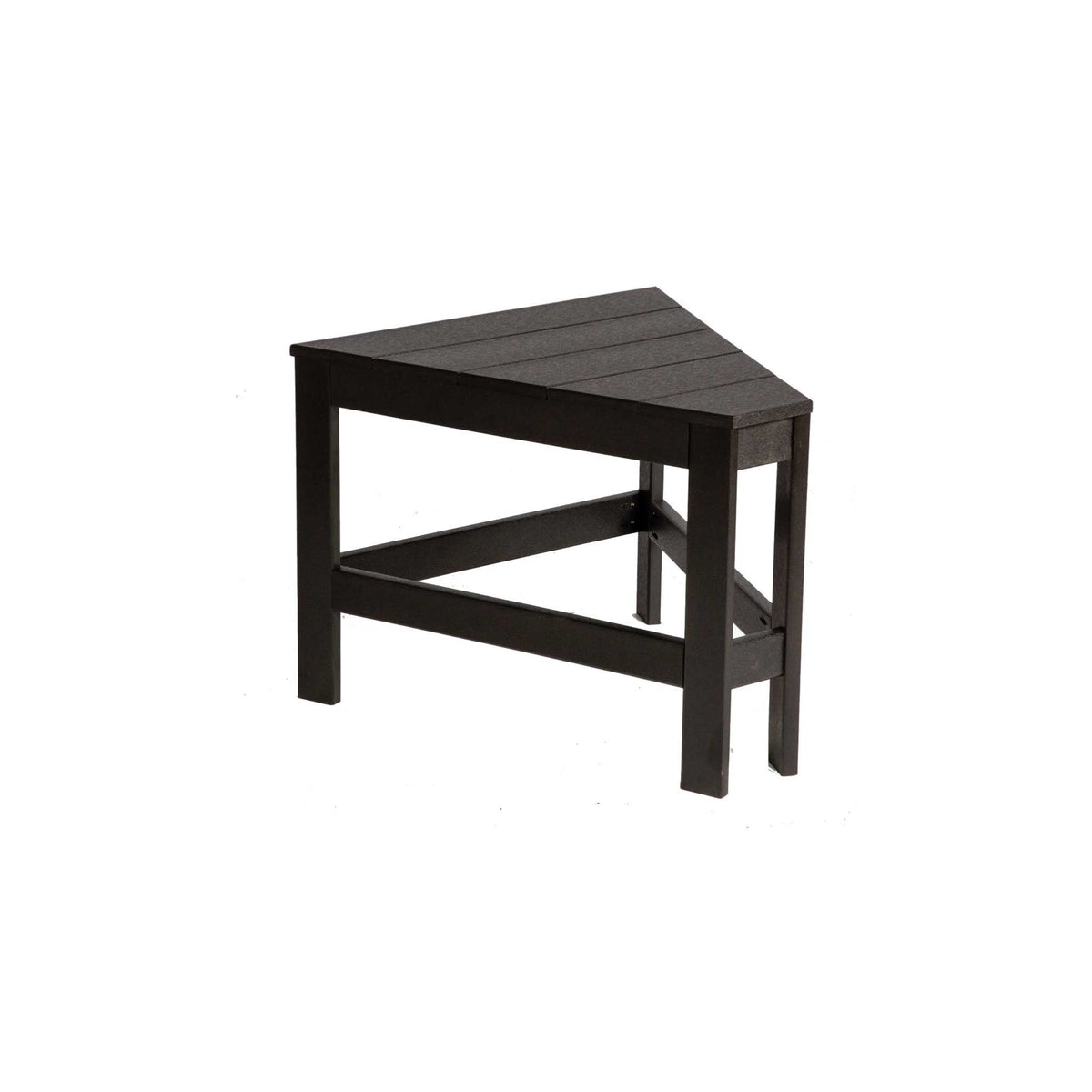 Black poly 45 degree wedge patio table with slatted top and cross stretcher base on a white background