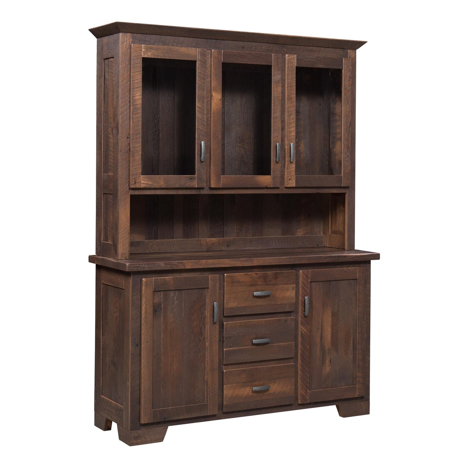 Rustic barnwood hutch with three glass display doors, open shelf, drawer stack and cabinet doors beside a dining table on brick
