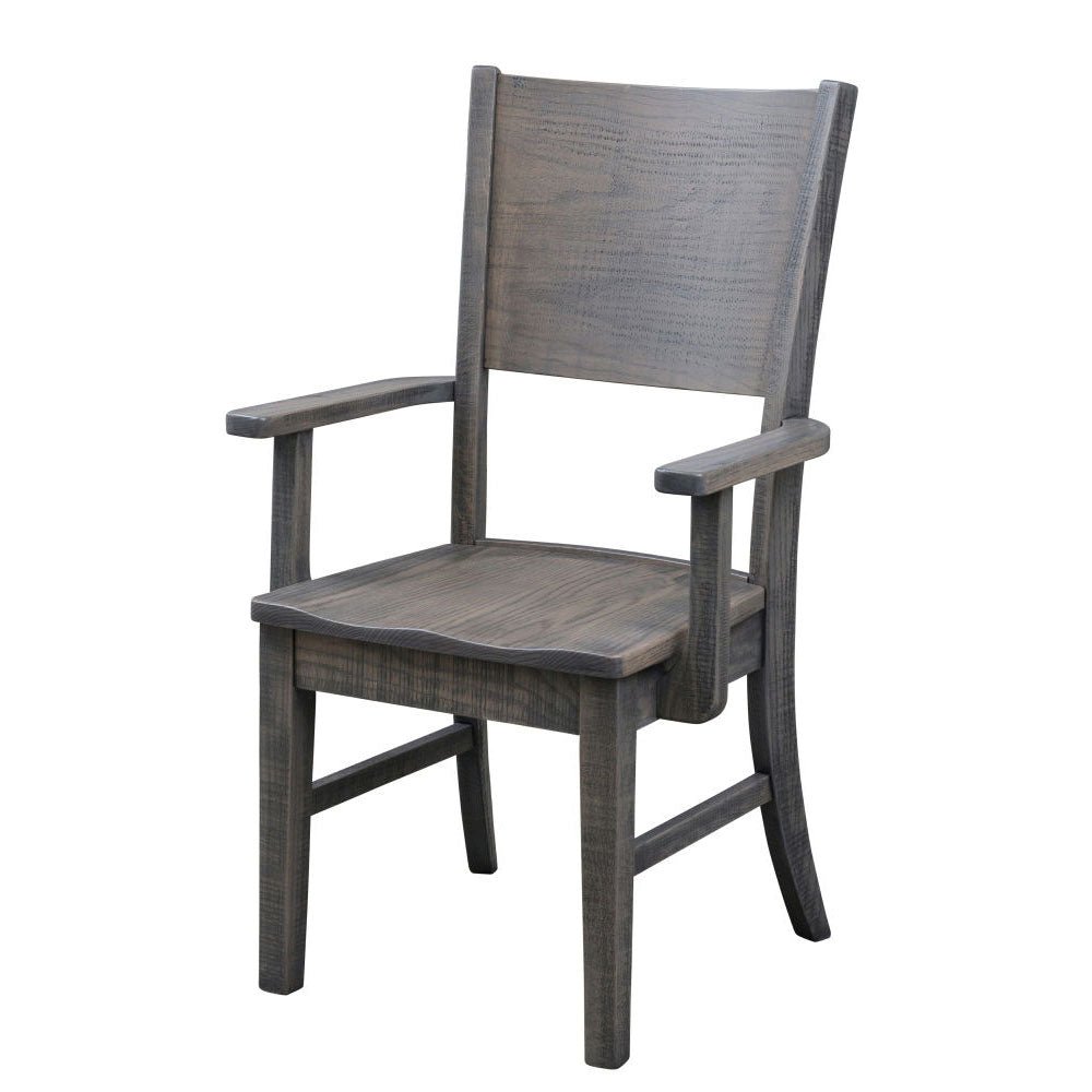 Weathered gray dining arm chair with a curved panel back, scooped seat and rough sawn square legs