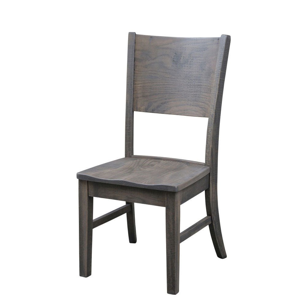 Gray rustic side chair with a solid curved back panel, contoured wood seat and flared rear legs