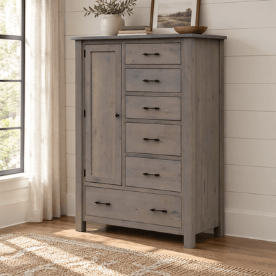 Amish Heirloom Mission Bedroom Chifferobe shown in the bedroom of a modern farmhouse home
