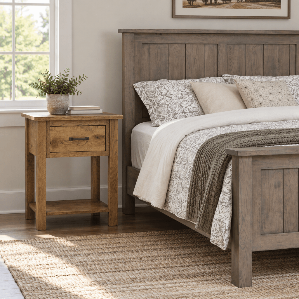 Amish Heirloom Mission Open Table Nightstand shown in the bedroom of a transitional home